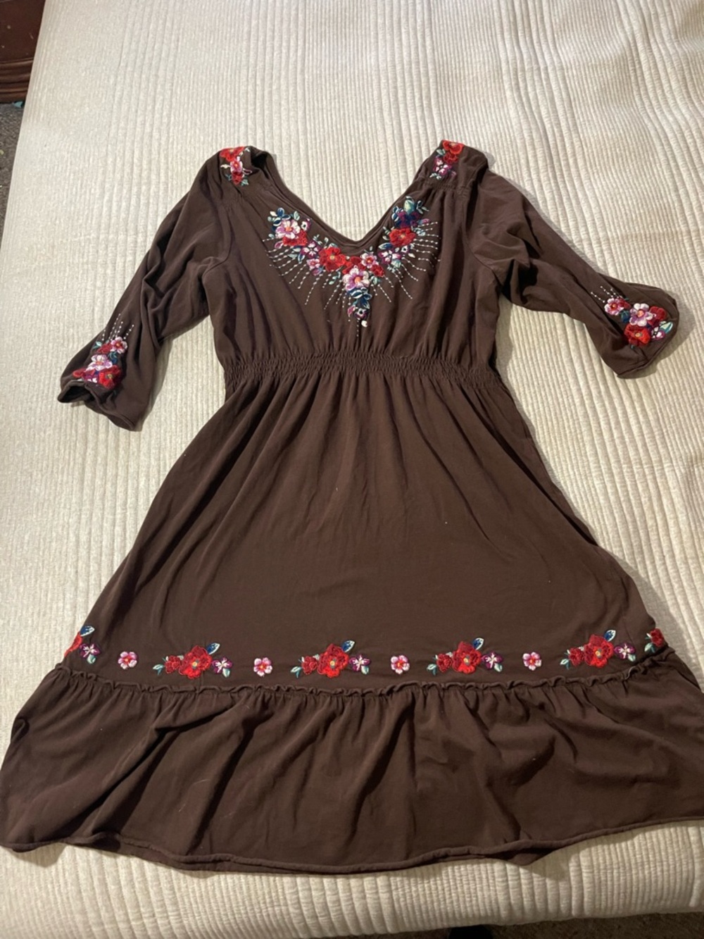 Johnny Was Women's A Line Dress Brown Floral Empire Waist Embroidered Size XL